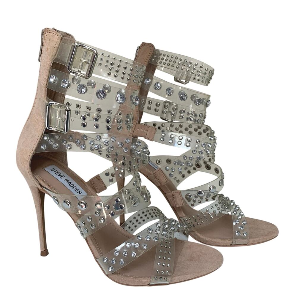 Steve Madden Moto Multi Strap Studded Strappy Dress Sandals, Clear Size 9M - Picture 2 of 6